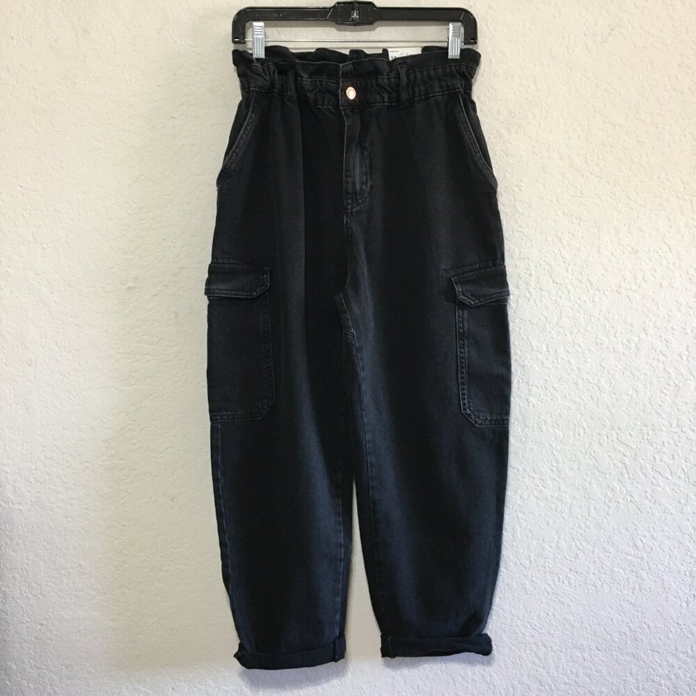 ZARA High Waist Baggy Fit Paper Bag Carrot Leg Ankle Rigid Black Womens 6 - Picture 4 of 16
